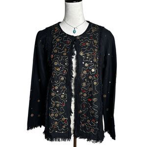 Indigo Moon Embellished Black Fray Linen Blend Jacket M | Boho Western Artwear